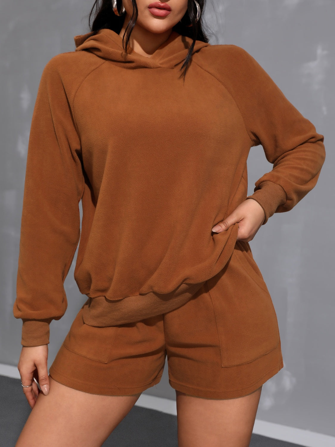 Long Sleeve Hoodie and Pocketed Shorts Set Caramel S Women&