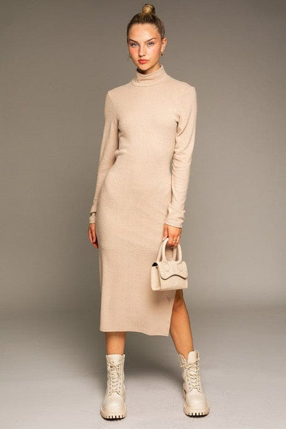 Long Sleeve Mock Neck Midi Dress TAUPE M by LE LIS | Fleurcouture