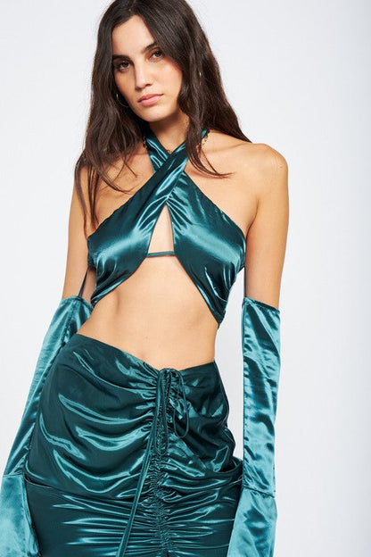 LONG SLEEVE OFF SHOULDER BLOUSE WITH HALTER TOP EMERALD S by Emory Park | Fleurcouture