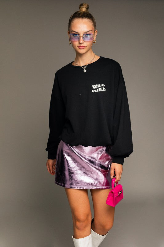 Long Sleeve Oversized Wild Child Graphic Pullover BLACK by LE LIS | Fleurcouture