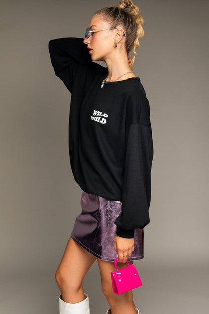 Long Sleeve Oversized Wild Child Graphic Pullover BLACK by LE LIS | Fleurcouture