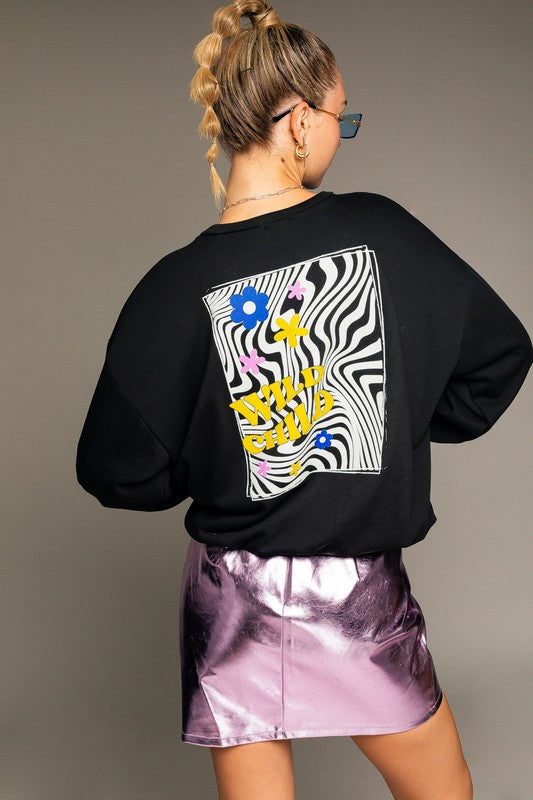 Long Sleeve Oversized Wild Child Graphic Pullover BLACK by LE LIS | Fleurcouture