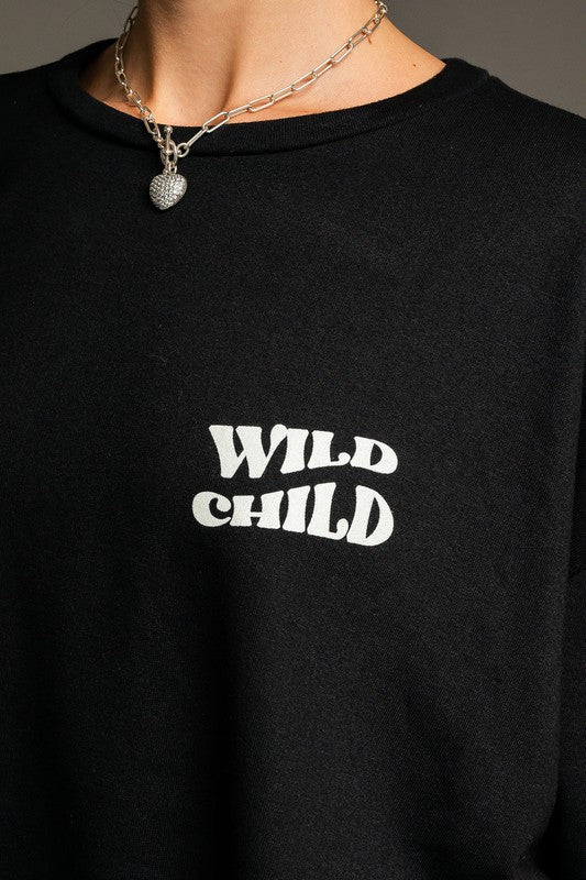 Long Sleeve Oversized Wild Child Graphic Pullover BLACK by LE LIS | Fleurcouture