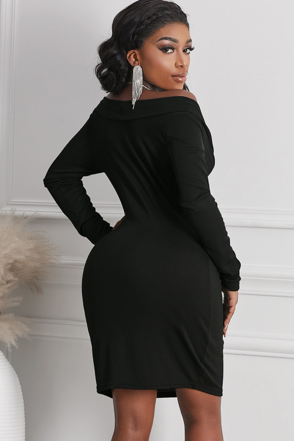 Long Sleeve Plunge Ribbed Bodycon Dress Black Women&