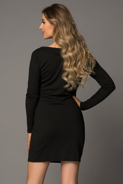 Long Sleeve Plunge Ribbed Bodycon Dress Black Women&