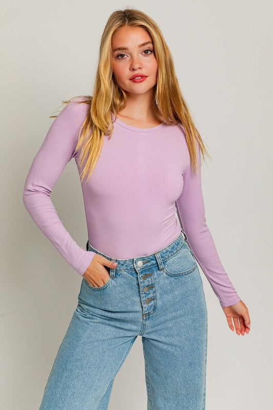 Long Sleeve Round Neck Ribbed Bodysuit LAVENDER XS by LE LIS | Fleurcouture