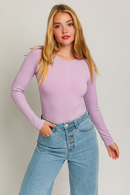 Long Sleeve Round Neck Ribbed Bodysuit LAVENDER XS by LE LIS | Fleurcouture