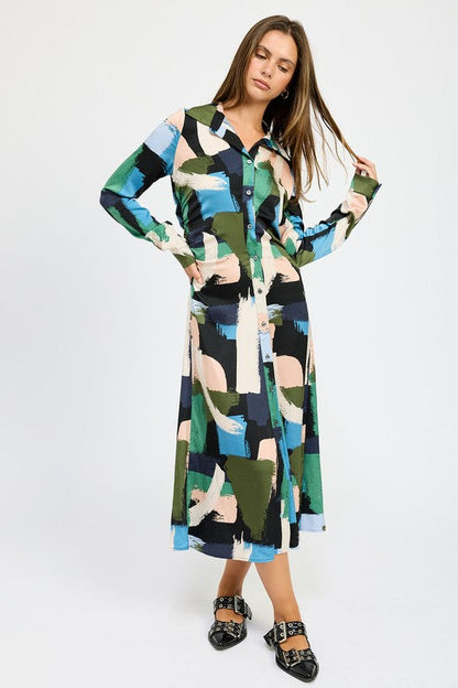 LONG SLEEVE RUCHED SHIRT DRESS BLACK MULTI by Emory Park | Fleurcouture