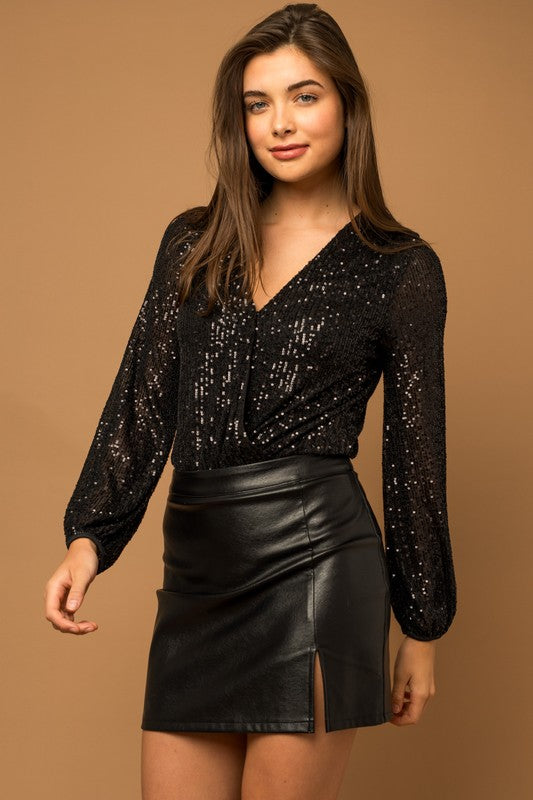 Long Sleeve Sequin Wrap Bodysuit Black by Gilli | Fleurcouture