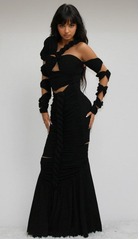 Long Sleeve Wrap Rope Maxi Dress BLACK S by Athina | Fleurcouture