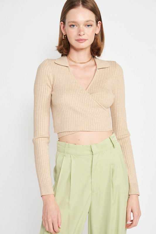 LONG SLEEVE WRAPPED CROP TOP TAN S by Emory Park | Fleurcouture