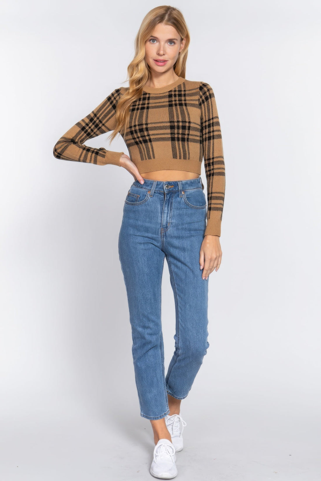 Long Slv Check Crop Sweater Sweater by Fleurcouture | Fleurcouture
