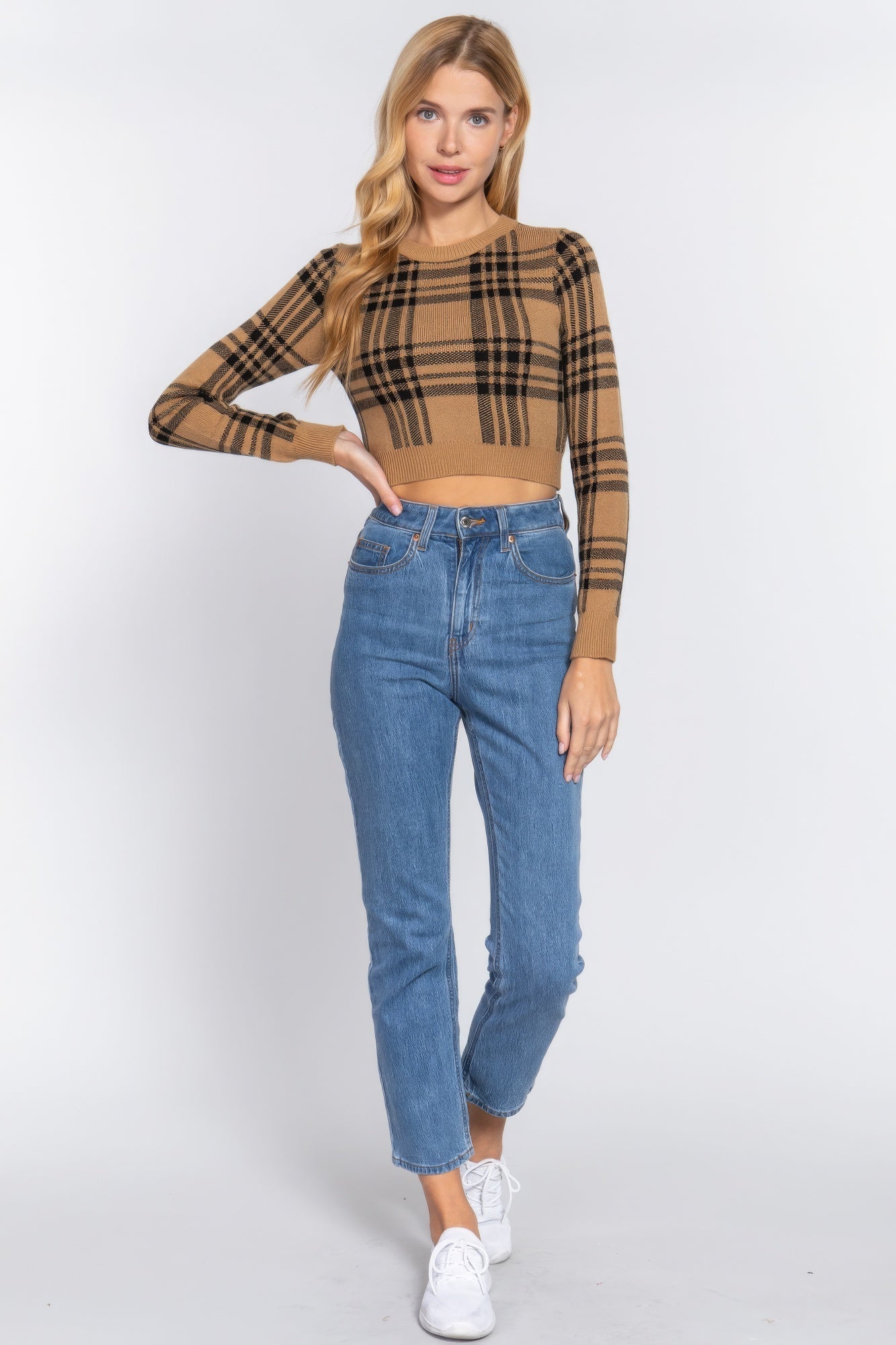 Long Slv Check Crop Sweater Sweater by Fleurcouture | Fleurcouture