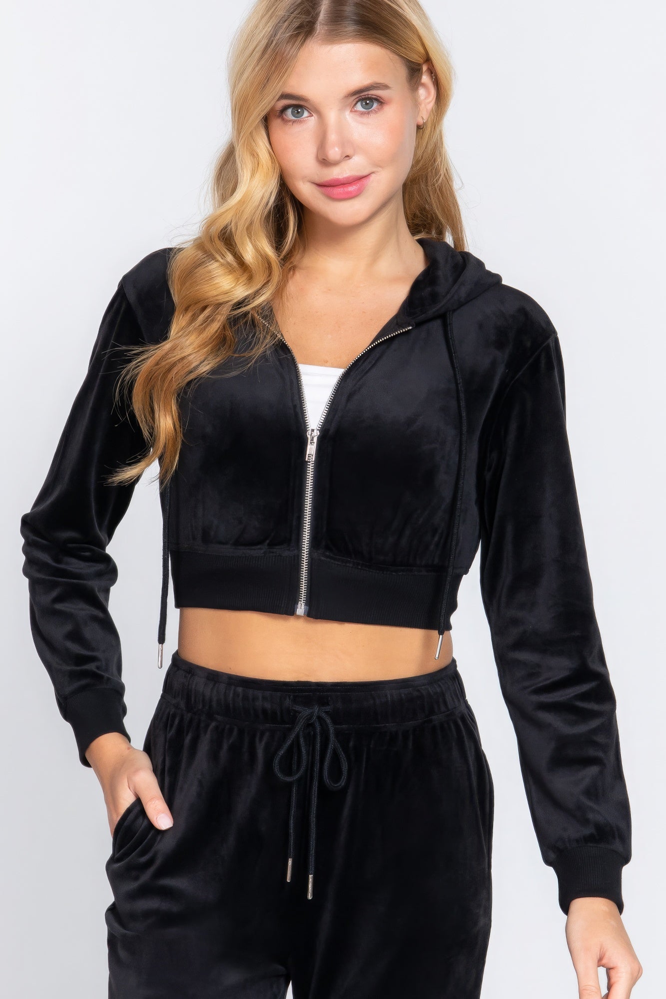 Long Slv Velour Hoodie Crop Jacket by Fleurcouture | Fleurcouture
