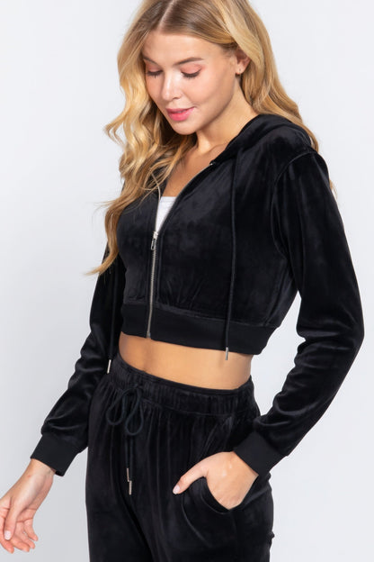 Long Slv Velour Hoodie Crop Jacket by Fleurcouture | Fleurcouture