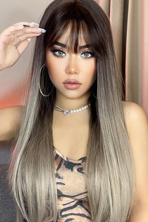 Long Straight Synthetic Wigs 26'' Black/Gray One Size Hair Extensions by Trendsi | Fleurcouture