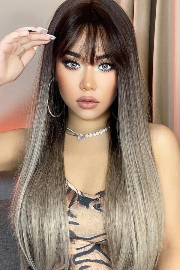 Long Straight Synthetic Wigs 26'' Black/Gray One Size Hair Extensions by Trendsi | Fleurcouture