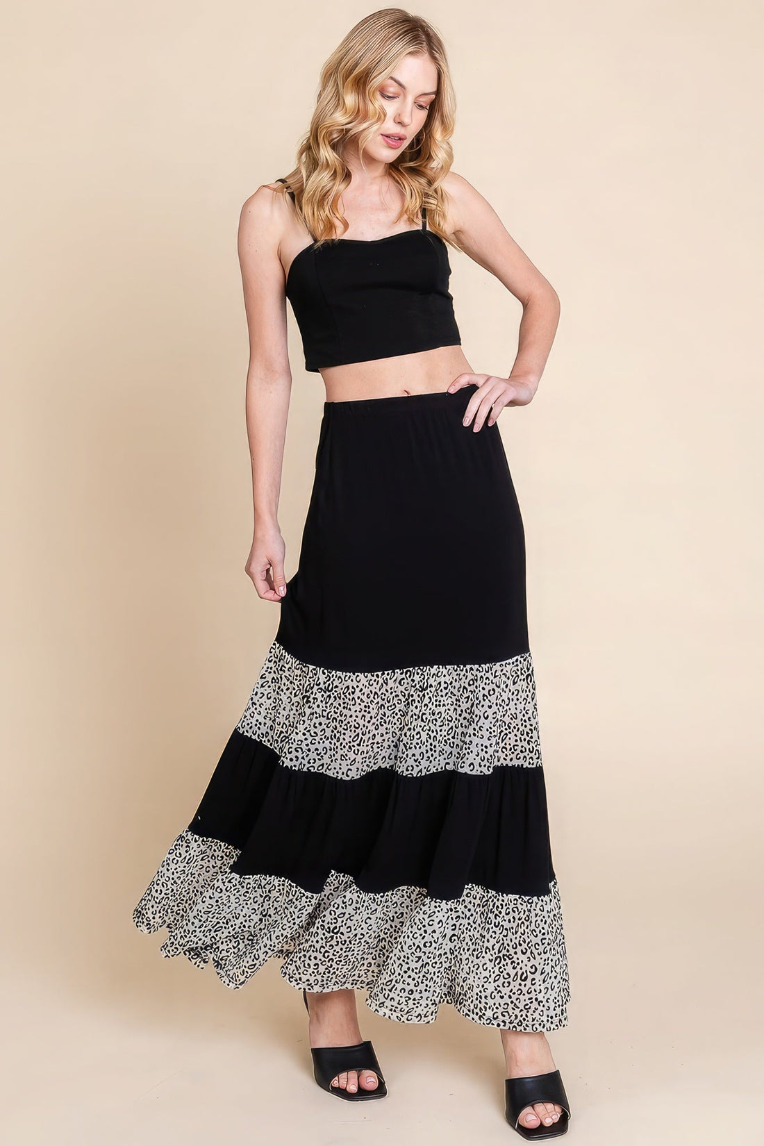 Long Tiered Contrast Fashion Skirt With Velvet Animal Print Mesh by Fleurcouture | Fleurcouture