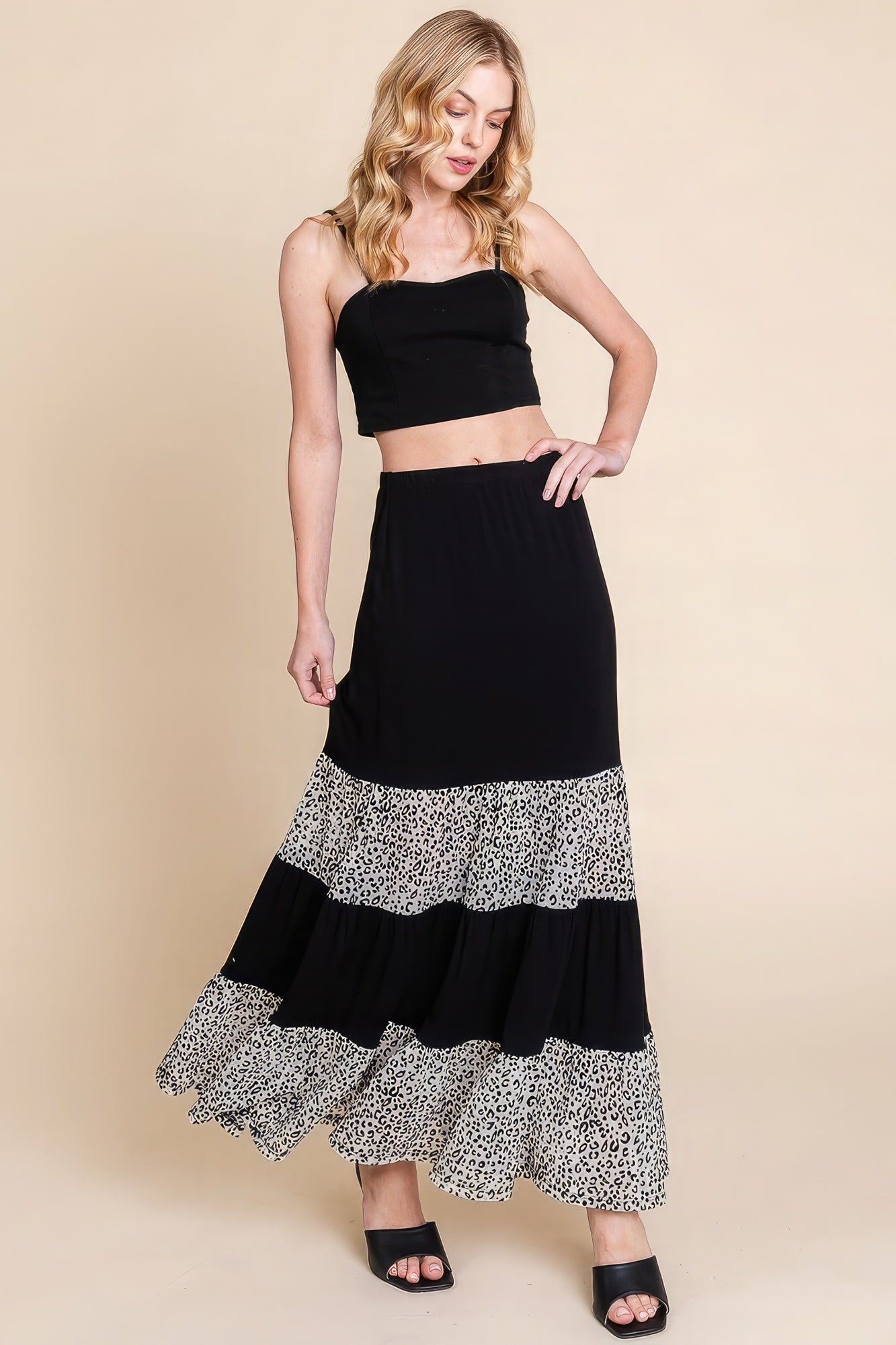 Long Tiered Contrast Fashion Skirt With Velvet Animal Print Mesh by Fleurcouture | Fleurcouture