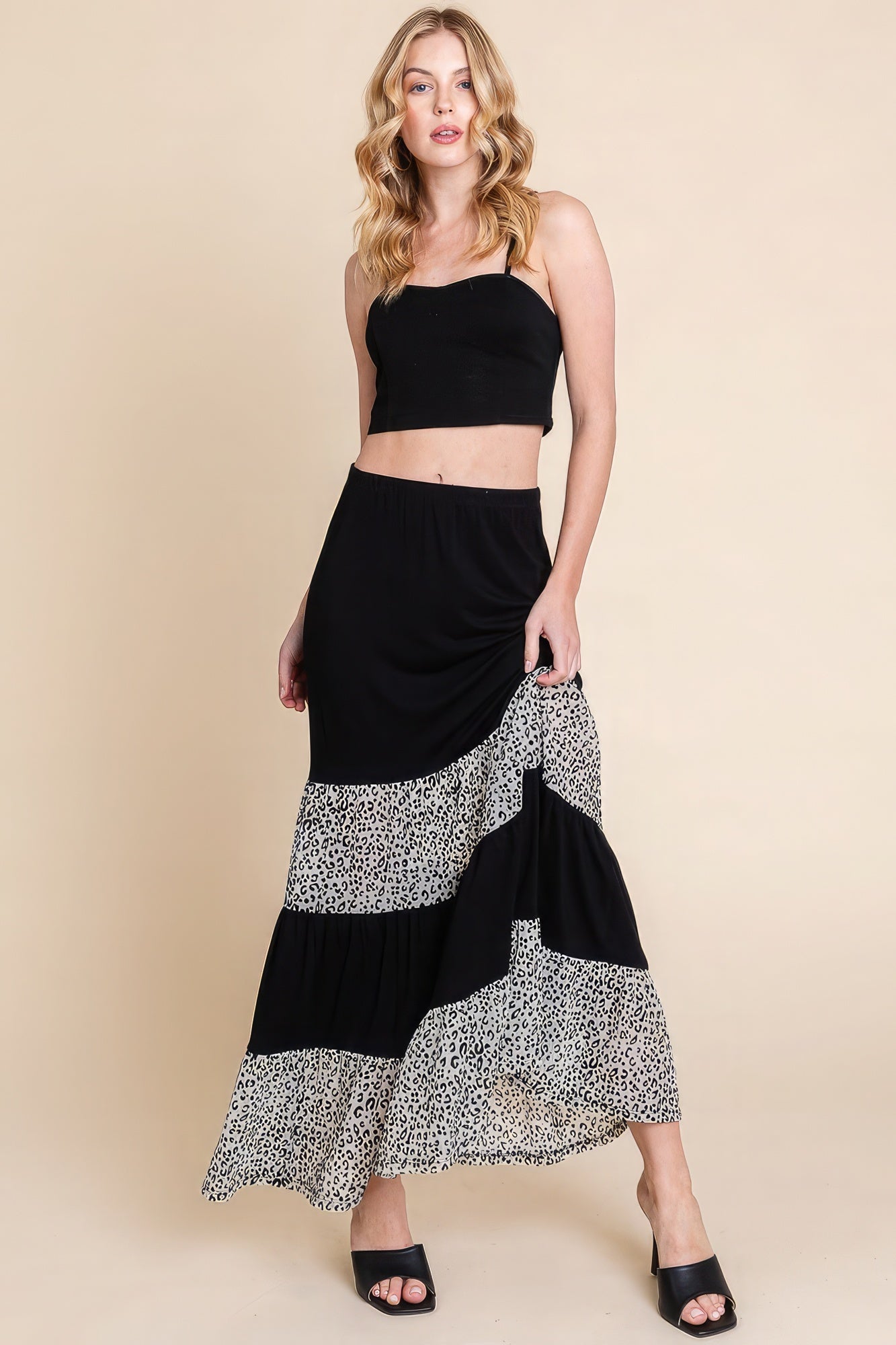 Long Tiered Contrast Fashion Skirt With Velvet Animal Print Mesh by Fleurcouture | Fleurcouture