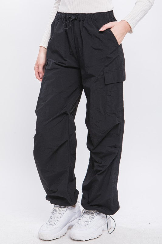 Loose Fit Parachute Cargo Pants BLACK S by Love Tree | Fleurcouture