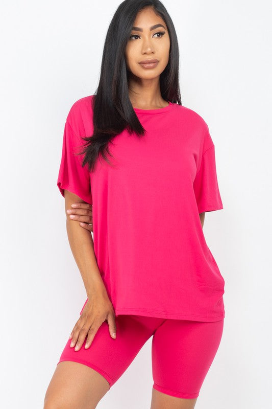 Loose Fit Top oversize shirts &amp; Bike Shorts Set Fuchsia S by Capella | Fleurcouture