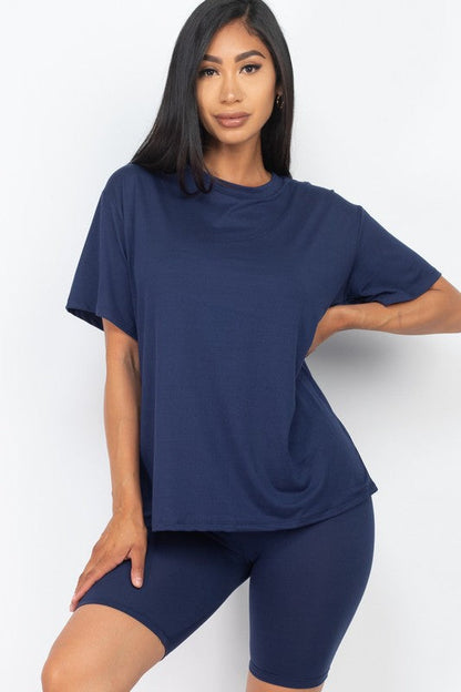 Loose Fit Top oversize shirts &amp; Bike Shorts Set Navy S by Capella | Fleurcouture