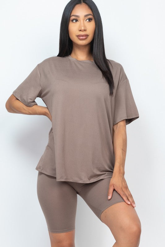 Loose Fit Top oversize shirts &amp; Bike Shorts Set Taupe S by Capella | Fleurcouture