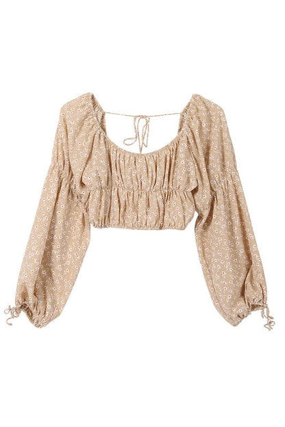 LS square neck floral crop top Beige floral by Lilou | Fleurcouture