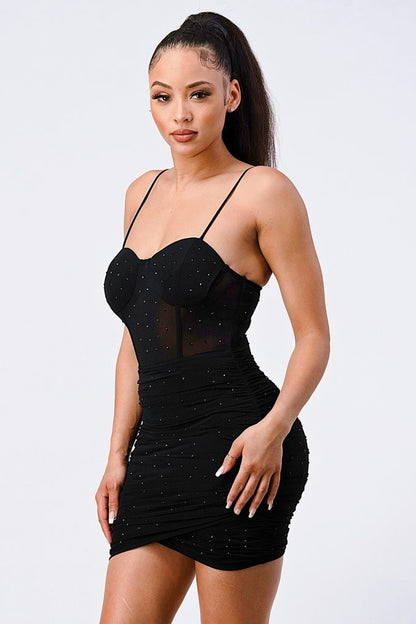 Luxe Glitter Front Mesh Ribbed Cami Mini Dress by Fleurcouture | Fleurcouture