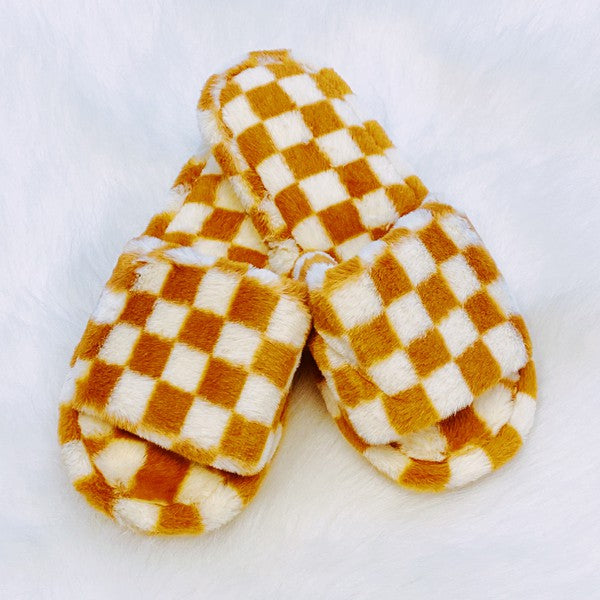 Luxe Lounge Checker Cozy Slippers Sweet Brown S/M by Ellison and Young | Fleurcouture