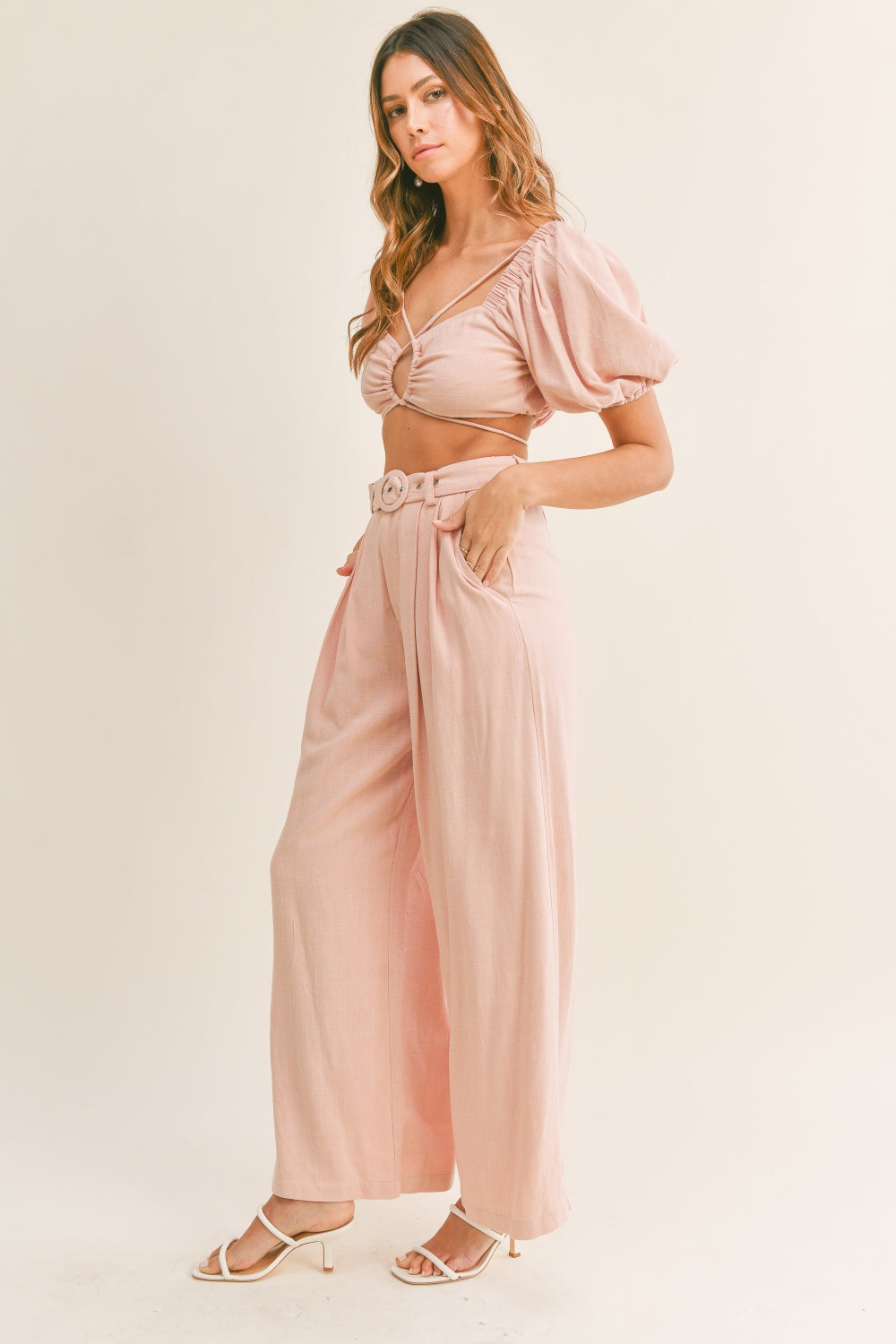 MABLE Cut Out Drawstring Crop Top and Belted Pants Set Dusty Pink S Two Piece Sets by Trendsi | Fleurcouture