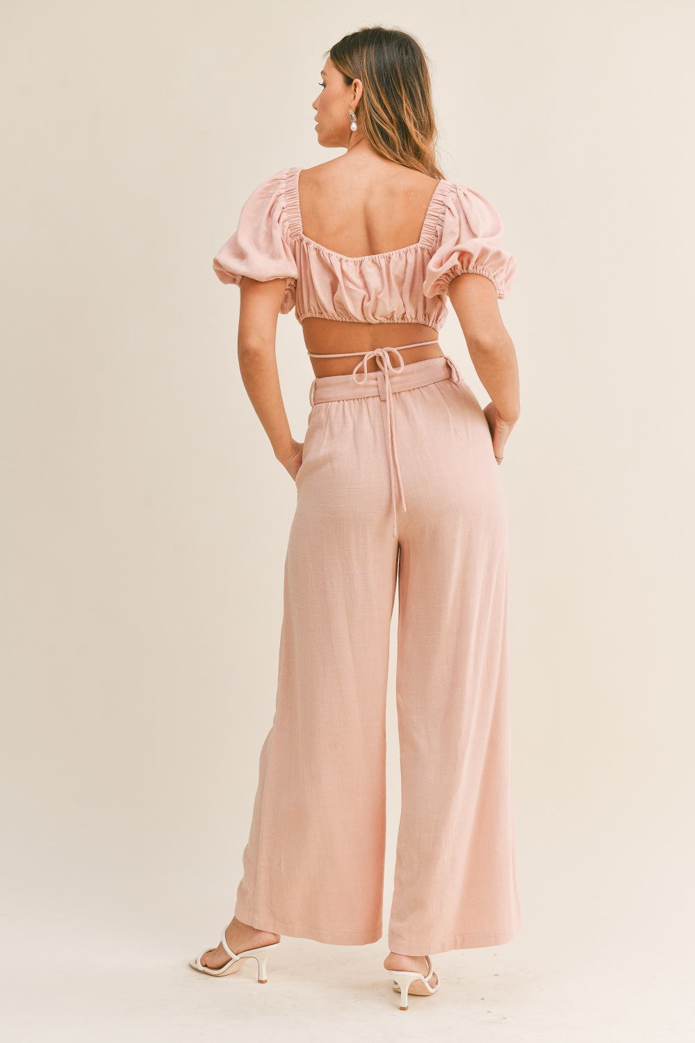 MABLE Cut Out Drawstring Crop Top and Belted Pants Set Dusty Pink Two Piece Sets by Trendsi | Fleurcouture