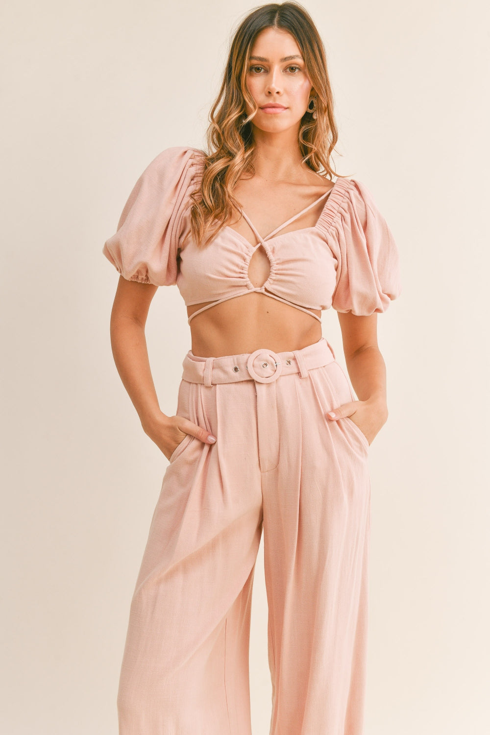 MABLE Cut Out Drawstring Crop Top and Belted Pants Set Dusty Pink Two Piece Sets by Trendsi | Fleurcouture