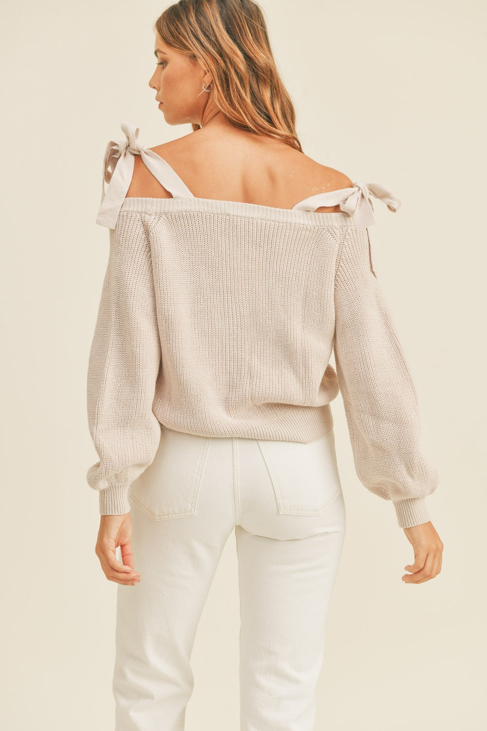 MABLE Off Shoulder Self Tie Strap Button Down Sweater Dusty Lavender by Trendsi | Fleurcouture