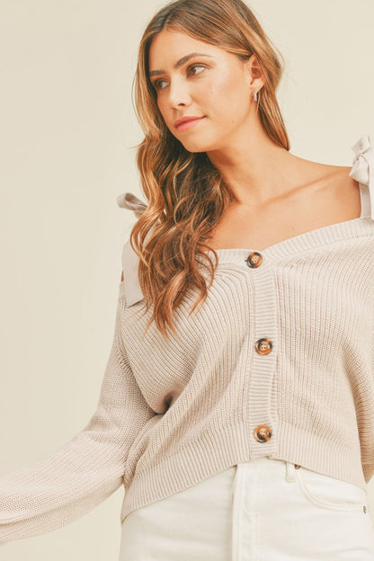 MABLE Off Shoulder Self Tie Strap Button Down Sweater Dusty Lavender by Trendsi | Fleurcouture