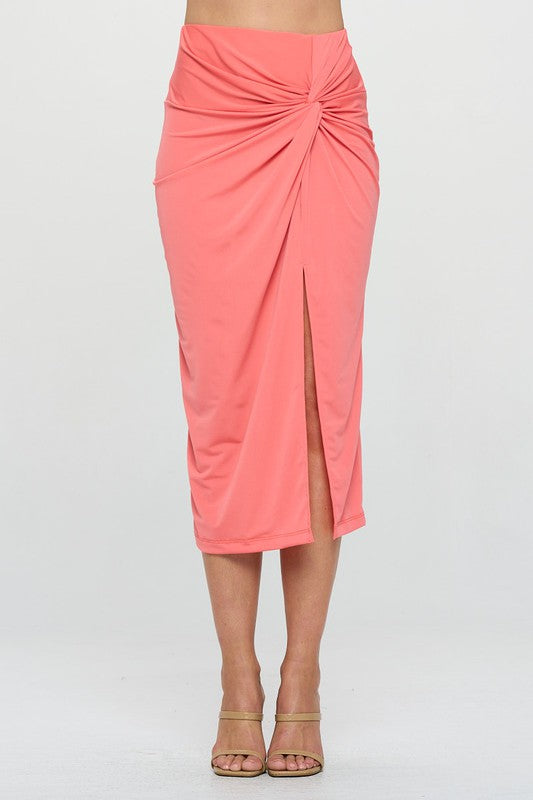 Made in USA Midi Skirt with Front Knot and Slit Coral by Renee C. | Fleurcouture