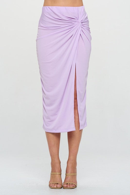 Made in USA Midi Skirt with Front Knot and Slit Lavender S by Renee C. | Fleurcouture