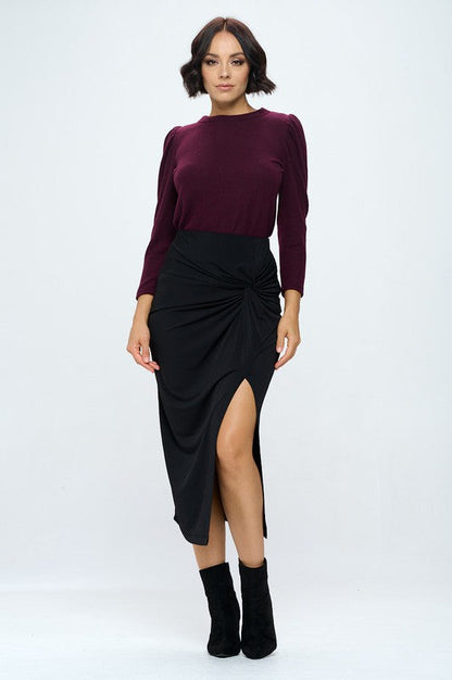 Made in USA Midi Skirt with Front Knot and Slit by Renee C. | Fleurcouture