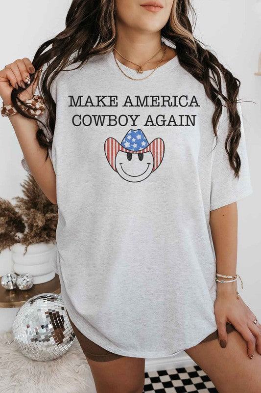 MAKE AMERICA COWBOY AGAIN OVERSIZED GRAPHIC TEE ASH S/M by ALPHIA | Fleurcouture