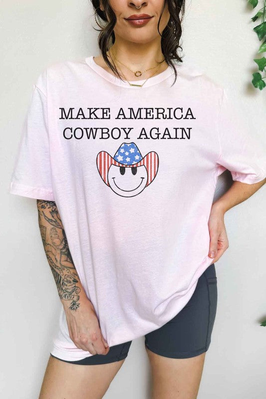 MAKE AMERICA COWBOY AGAIN OVERSIZED GRAPHIC TEE PINK S/M by ALPHIA | Fleurcouture