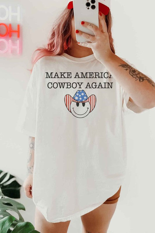 MAKE AMERICA COWBOY AGAIN OVERSIZED GRAPHIC TEE WHITE S/M by ALPHIA | Fleurcouture