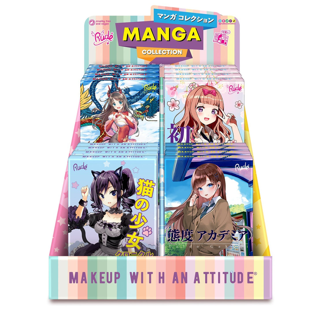 Manga Collection Palette Cardboard Display Set, 24 pcs Wholesale Set by Rude Cosmetics | Fleurcouture