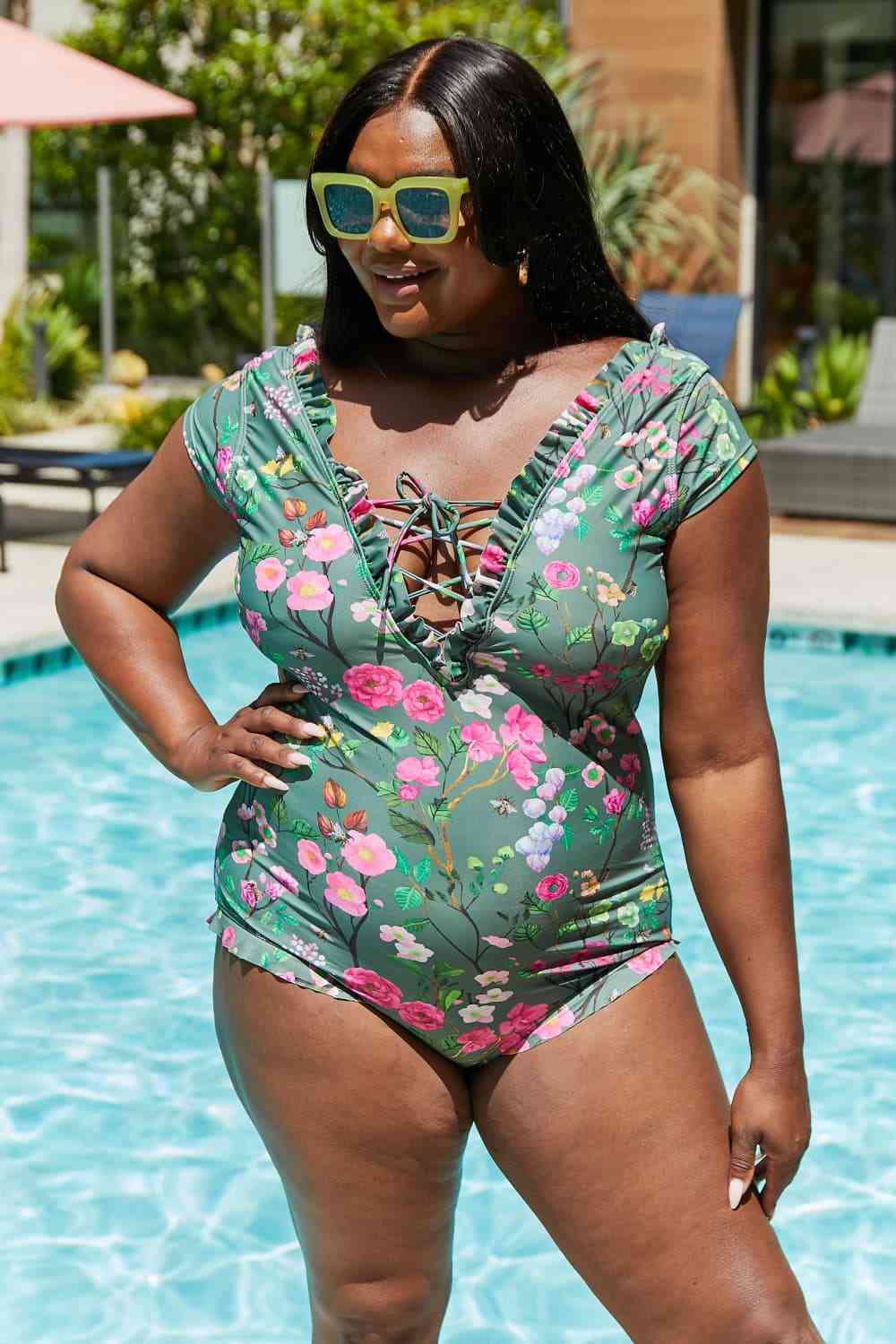 Marina West Swim Bring Me Flowers V-Neck One Piece Swimsuit In Sage Sage by Trendsi | Fleurcouture