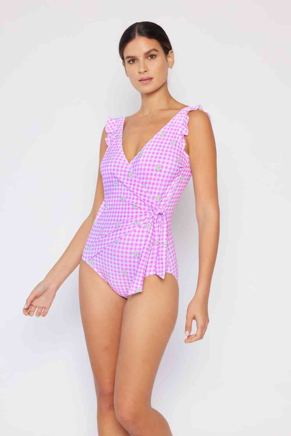 Marina West Swim Full Size Float On Ruffle Faux Wrap One-Piece in Carnation Pink Carnation Pink by Trendsi | Fleurcouture