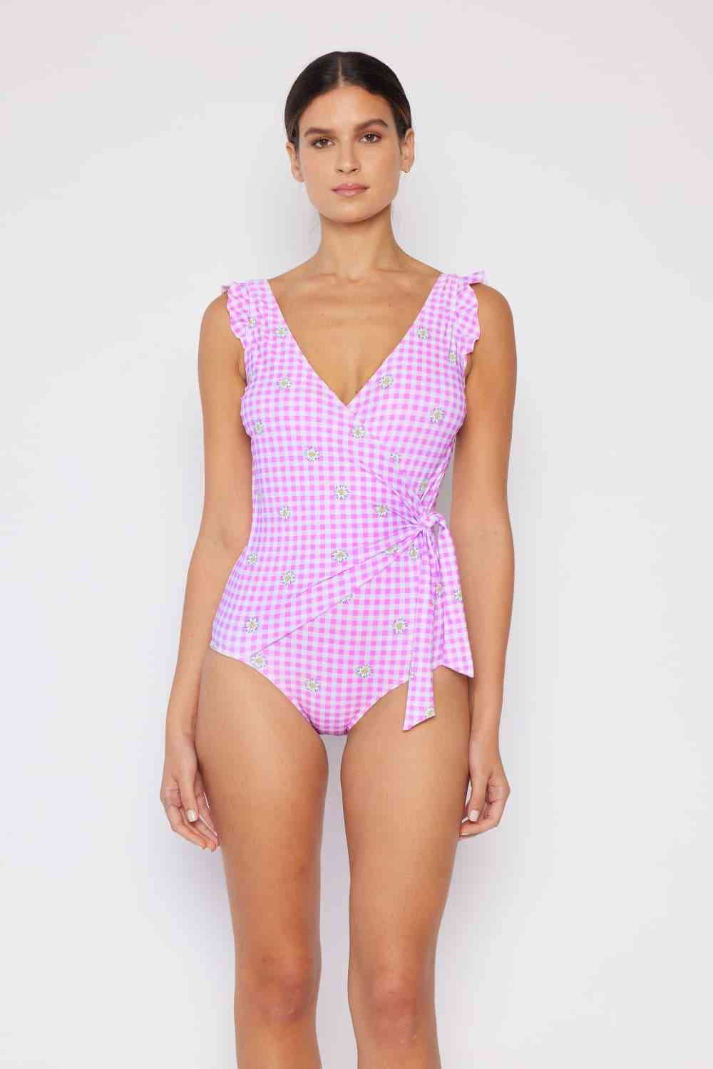 Marina West Swim Full Size Float On Ruffle Faux Wrap One-Piece in Carnation Pink Carnation Pink by Trendsi | Fleurcouture