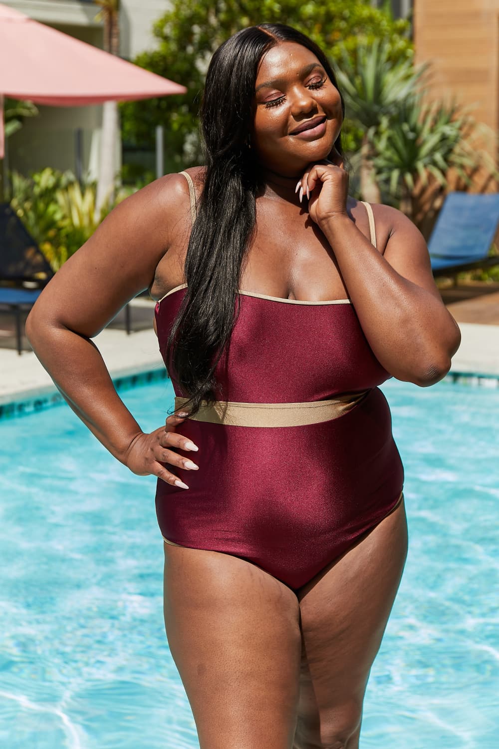 Marina West Swim Wave Break Contrast Trim One-Piece in Wine Wine Swimwear by Trendsi | Fleurcouture