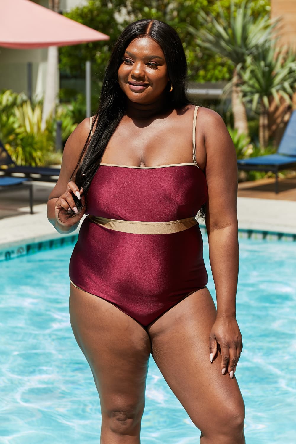 Marina West Swim Wave Break Contrast Trim One-Piece in Wine Wine Swimwear by Trendsi | Fleurcouture