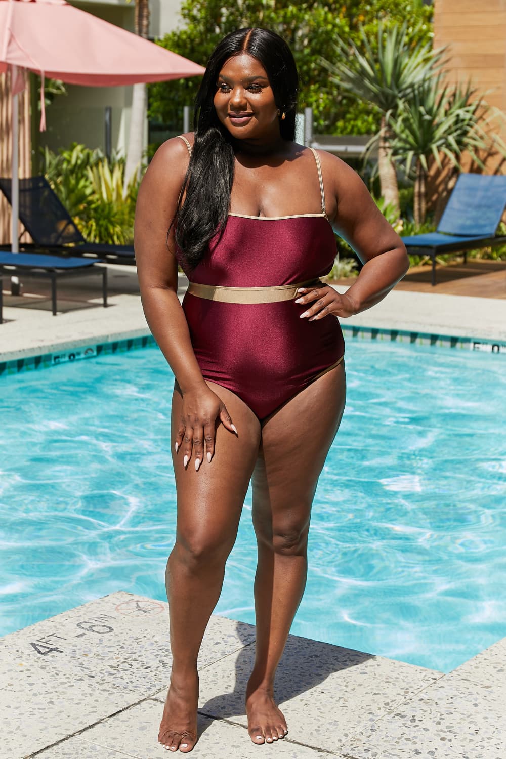 Marina West Swim Wave Break Contrast Trim One-Piece in Wine Wine Swimwear by Trendsi | Fleurcouture