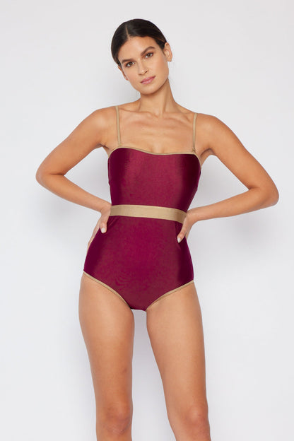 Marina West Swim Wave Break Contrast Trim One-Piece in Wine Wine Swimwear by Trendsi | Fleurcouture